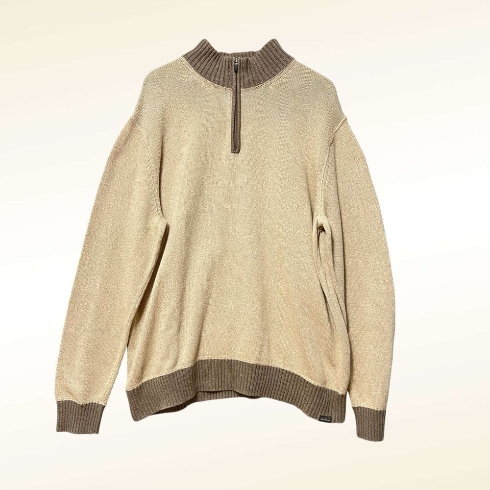 Eddie Bauer Men's 1/4 Zip Mock Neck Sweater Beige Size XXL Cotton Ragg Neutral
